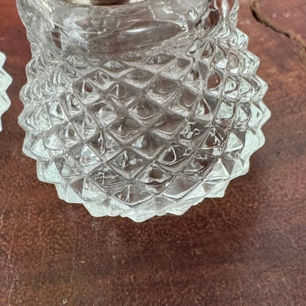 Vintage Miniature Diamond Point Glass Salt and Pepper Shakers Set Silver Lids
